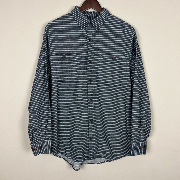 Duluth Trading Co Shirt Mens Large Blue Stripe Free Swingin' Flannel Relaxed Fit - Picture 10 of 10